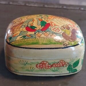 Vintage Hand Painted Papier Mache Trinket Box Woodland Bunny Squirrel Picnic